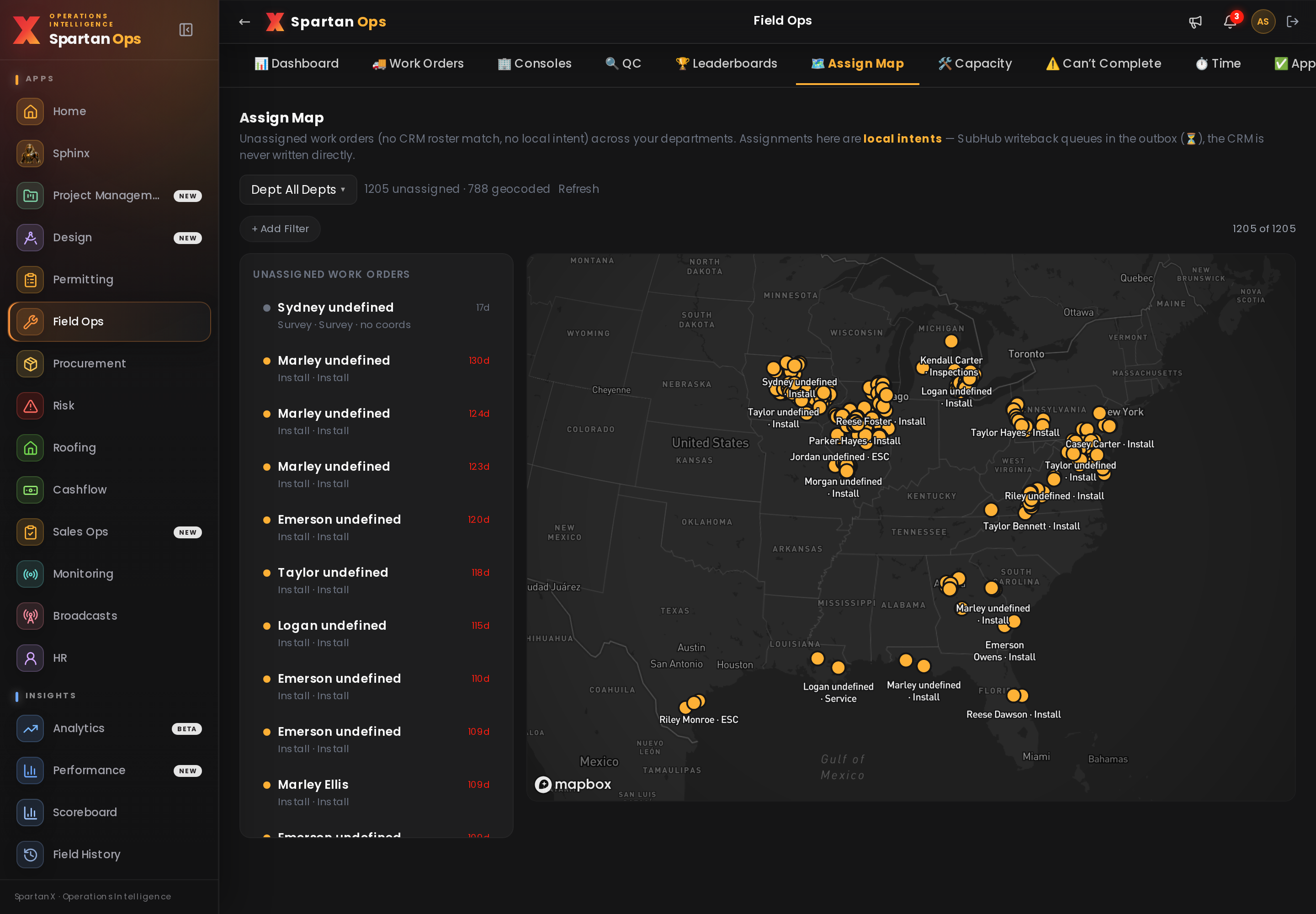 Field Ops assign map — unassigned work orders geocoded on a live map